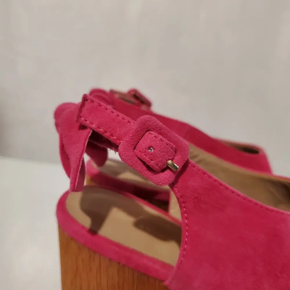 Anthropologie Bow Back Suede Leather Wood Wedge Sandal Size 6M Hot Pink Open Toe